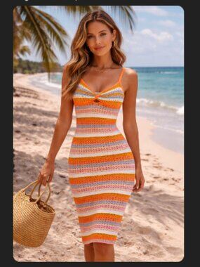 Crochet Dress Knit Tank Sleeveless Orange Pink Blue Green Stripes NEW NWT  XS
